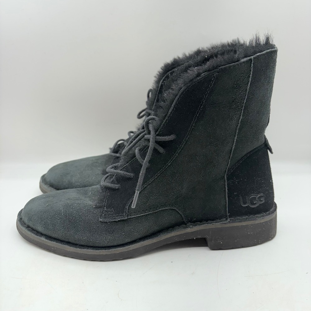 UGG Quincy Black Suede Fur Lined Lace Up Ankle Boots Women's Size‎ 9.5